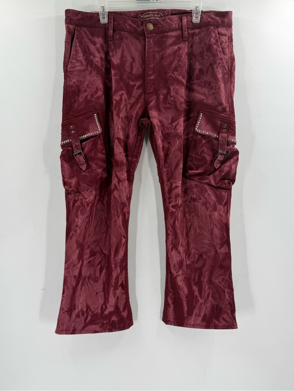 Robin's Jean Burgundy Cargo Pants with Stud & Buckle Accents. Burgundy.